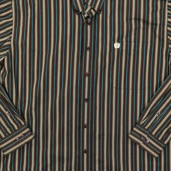 Cinch Shirt Mens Large Brown Blue Striped Western Button Front Cotton Casual - Picture 2 of 8